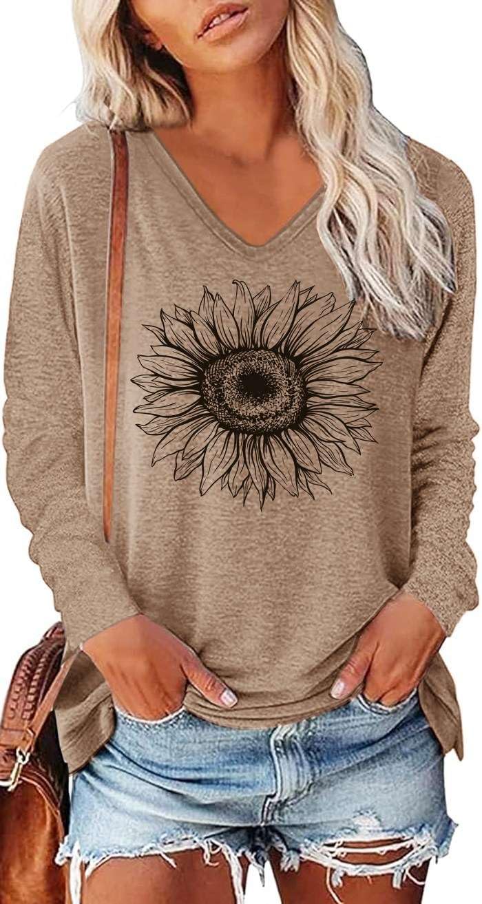NAIOSS Damen Langarmshirt Bedruck Oberteile Herbst Tshirt V-Ausschnitt Shirts Baumwolle Casual Tops(braun/M)