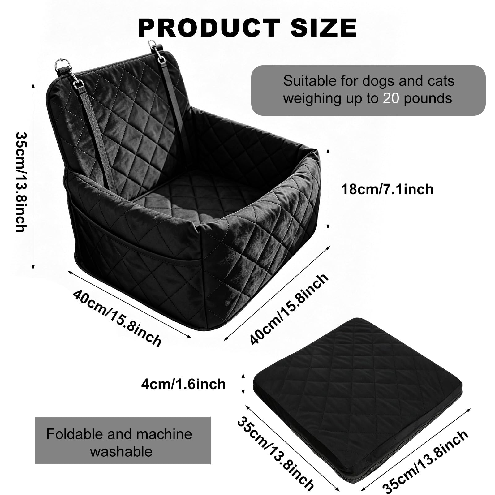 Seggiolino auto per cani, sedile posteriore per cani, con memory foam spessa, sedile sicuro per cani per auto con spessa memory foam, 2 cinture di sicurezza e fodera lavabile