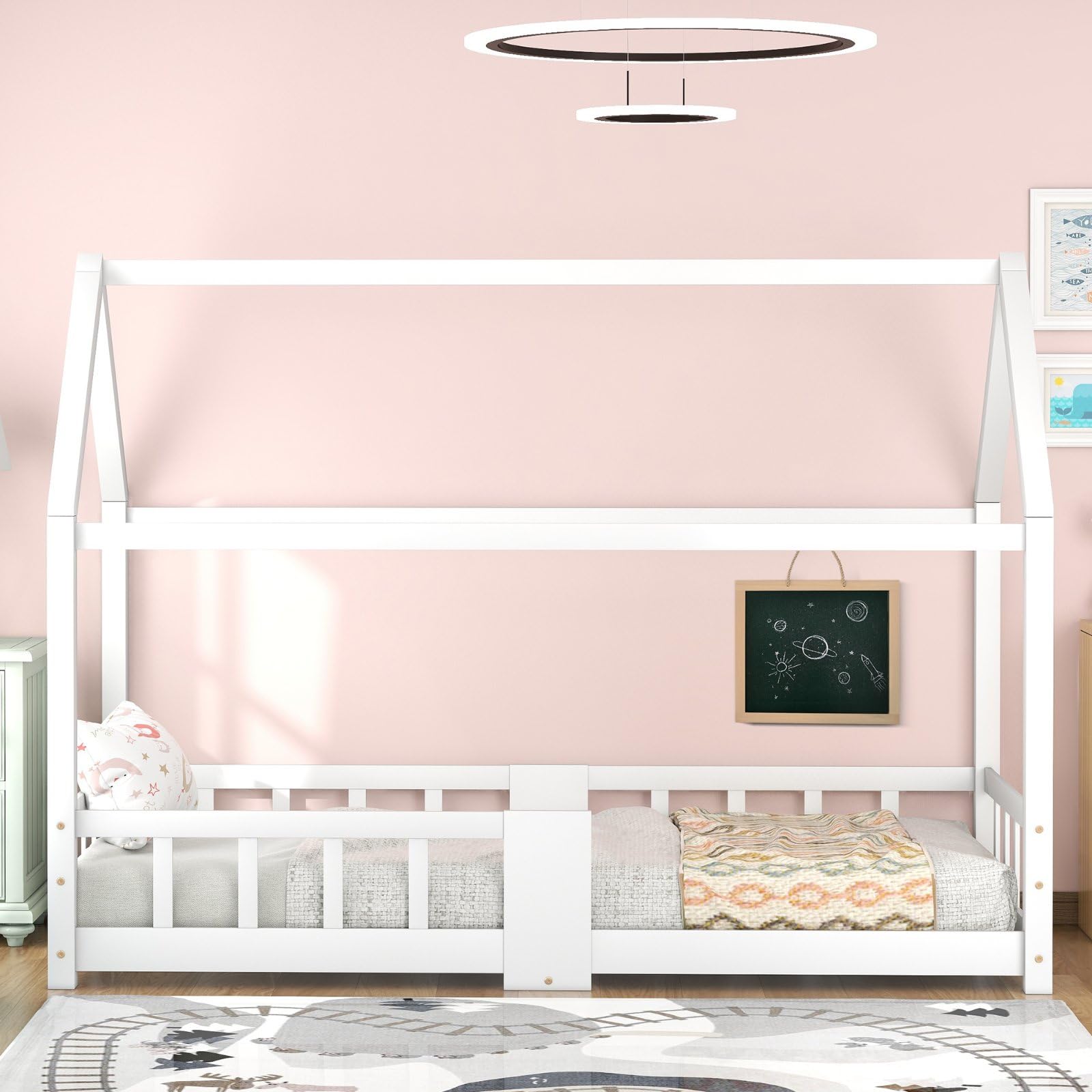 KOMHTOM Simple Lit de Maison avec Protection Anti-Chute, Lit de Jeune avec Sommier à Lattes en Bois, Cadre de lit, Minimaliste(sans Matelas) (Blanc-A, 90 x 200CM)