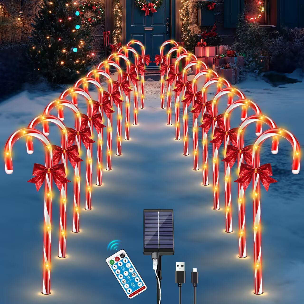 Meonum 10 Luci Natalizie A Bastoncino Di Zucchero Per Esterni – 20 LED Cadauna, 8 Modalità, Timer – 42 Cm