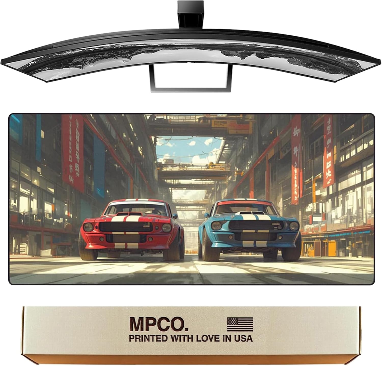 MPCO. Manga Motors Large Gaming Desk Pad - 36" x 17" Duraglyde Fabric Megumis-Mustangs Desk Mats - Washable, Smooth Glide for Precision Gaming & Work