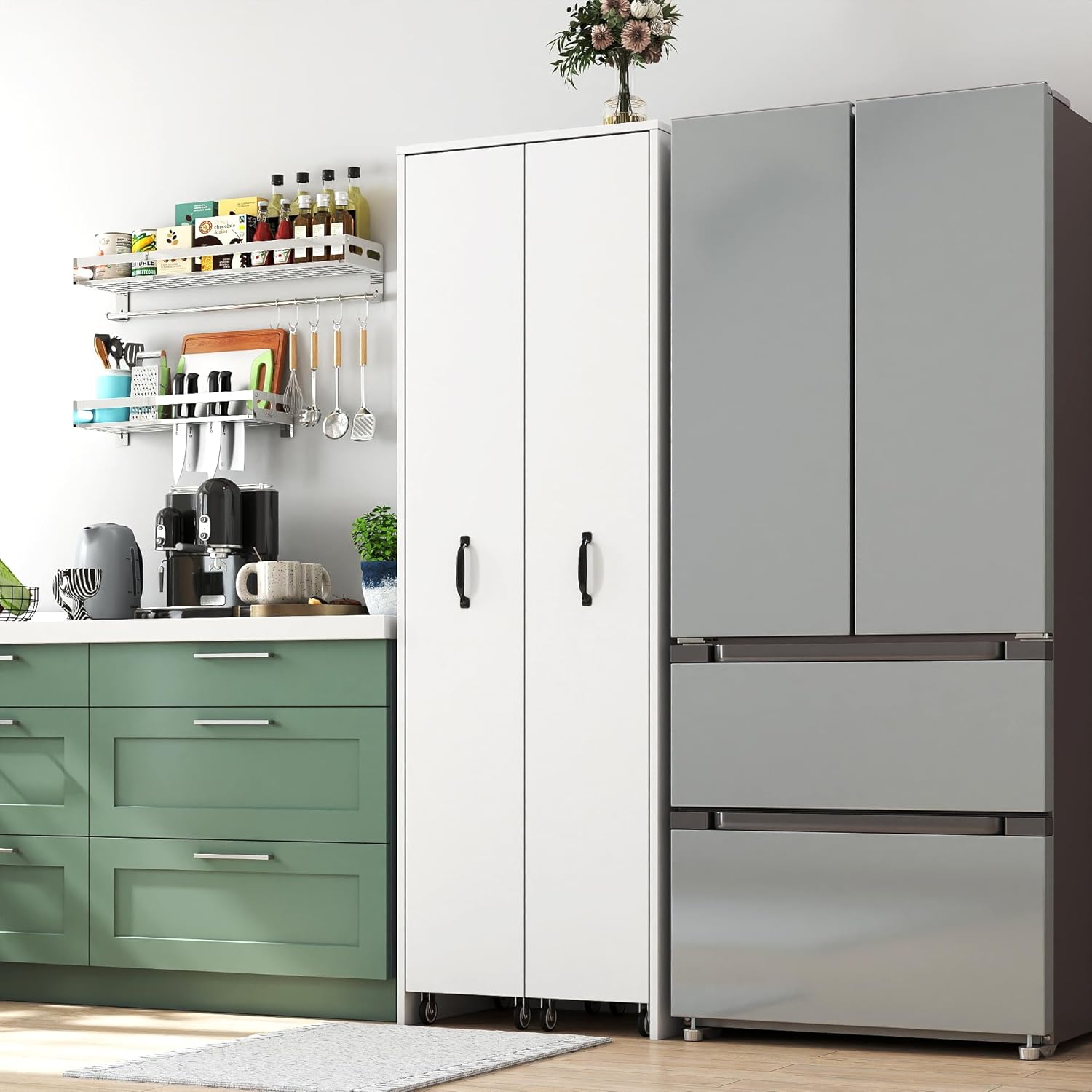Food Pantry Cabinet with Pull-Out Shelves, White Slide Out Storage Cabinet with 2 Doors, 4 Tier Floor Standing Narrow Storage Bookcase on Wheels for Kitchen, Living Room, Office