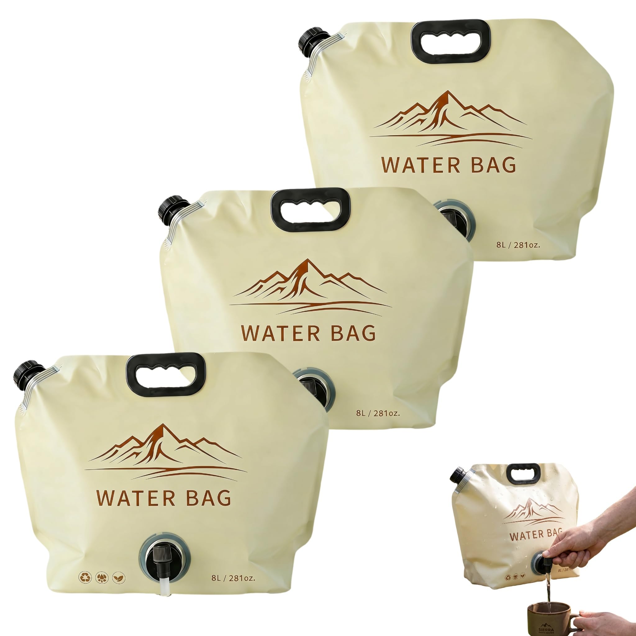 Collapsible Water Container, 3 Pcs Drinking Water Container, 16.54 x 12.60 x 0.59 inches Leakproof Foldable Waters Carrier with Spigot for Camping Hiking Picnic BBQ Travel (Khaki)