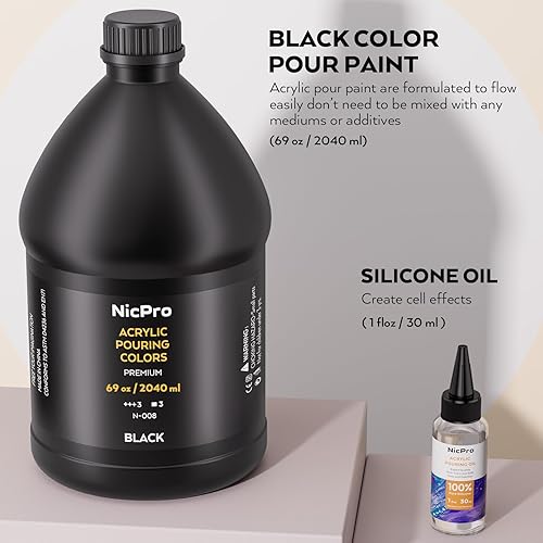 Miniatura 2 de Nicpro Pintura acrílica de color negro azabache, suministros de pintura premezclada de 69 onzas con aceite de silicona para verter aceite y guantes