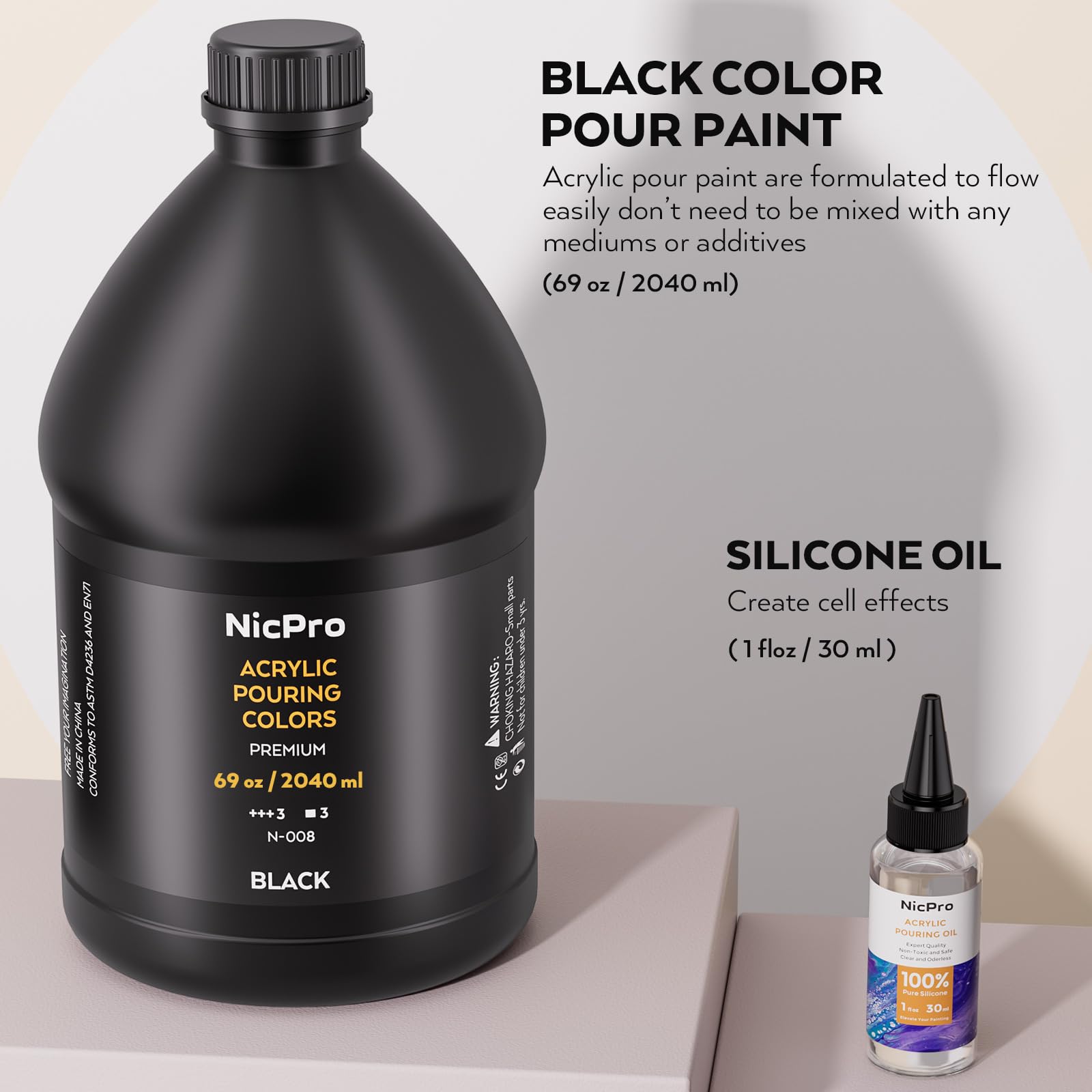 Nicpro Peinture acrylique 1,9 L pré-mélangée avec huile de silicone et gants pour toile, pierre, cellules de bois pour travaux manuels, peinture artistique, prête à verser