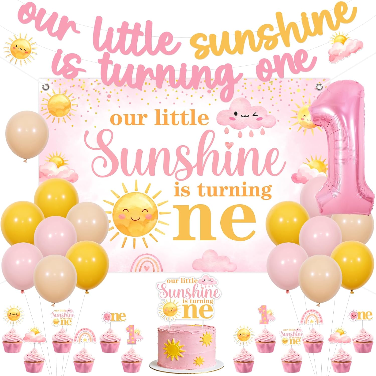 Pink Yellow Sunshine 1st Birthday Decorations for Girls - Our Little Sunshine Is Turning One Backdrop, Banner, Cake Topper, Cupcake Toppers, Number 1 Foil Balloon