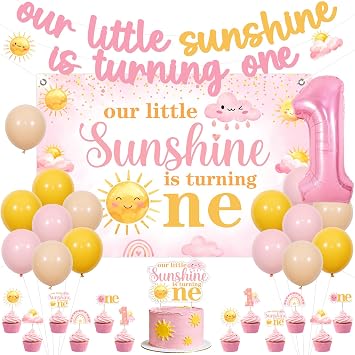 Pink Yellow Sunshine 1st Birthday Decorations for Girls - Our Little Sunshine Is Turning One Backdrop, Banner, Cake Topper, Cupcake Toppers, Number 1 Foil Balloon
