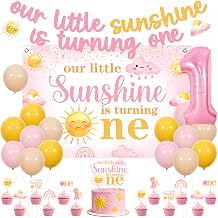 Pink Yellow Sunshine 1st Birthday Decorations for Girls - Our Little Sunshine Is Turning One Backdrop, Banner, Cake Topper, Cupcake Toppers, Number 1 Foil Balloon