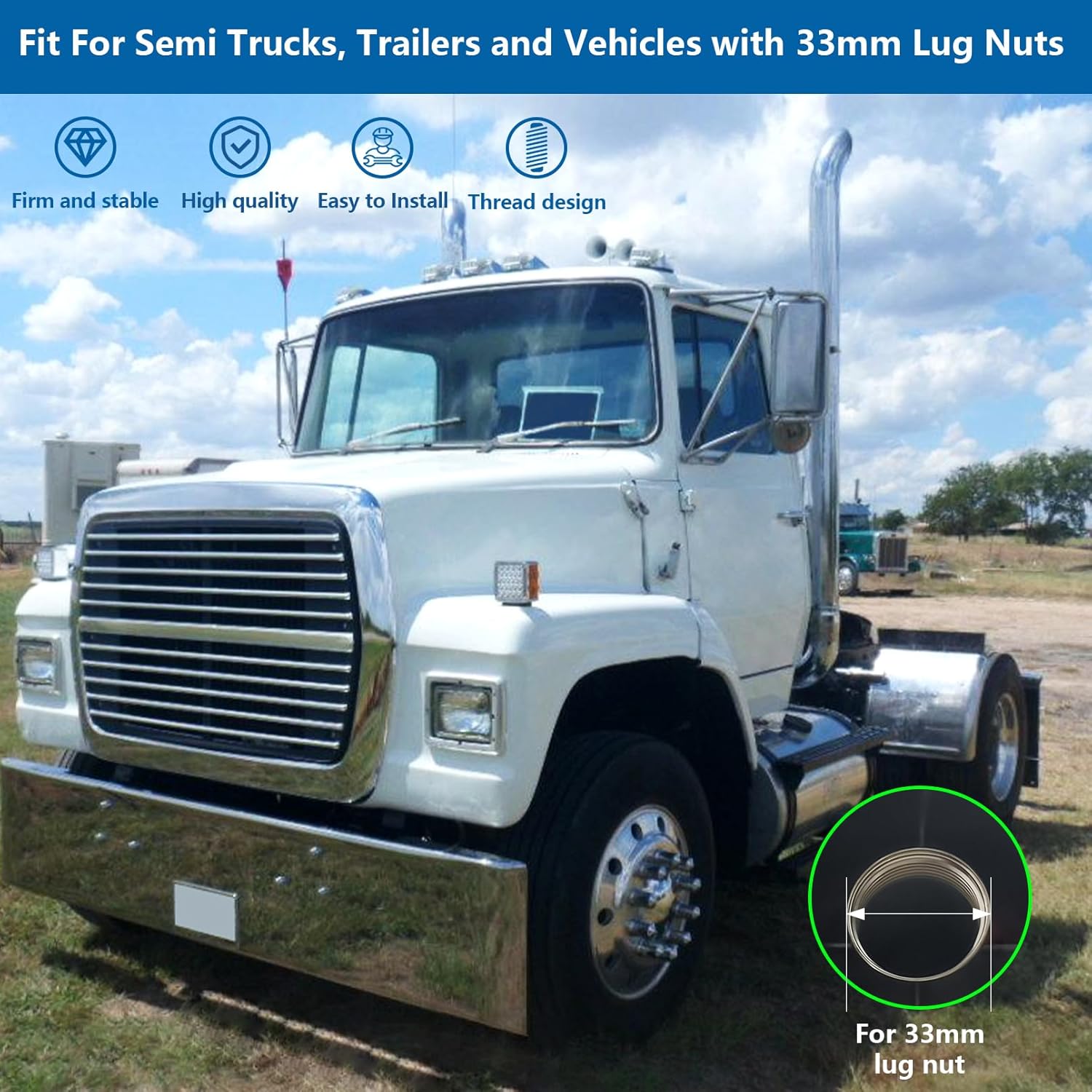 20 Pack Lug Nut Covers, 33mm by 3-1/2" Thread On Flat Top Cylinder Nut Cover Caps ABS Chrome Plastic Anti-Rust Screw-on Lug Nut Covers for Semi Trucks Trailers