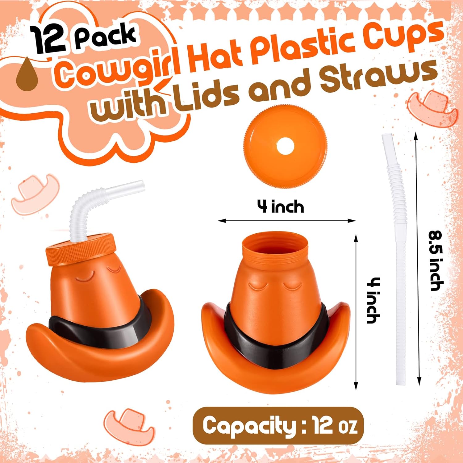 Amyhill Cowboy Hat Cups with Lids and Straws 12 oz Plastic Cowboy Hat Cups for Western Party Supplies Cowboy Birthday Party Decorations (Brown,12 Pcs) - Image 2