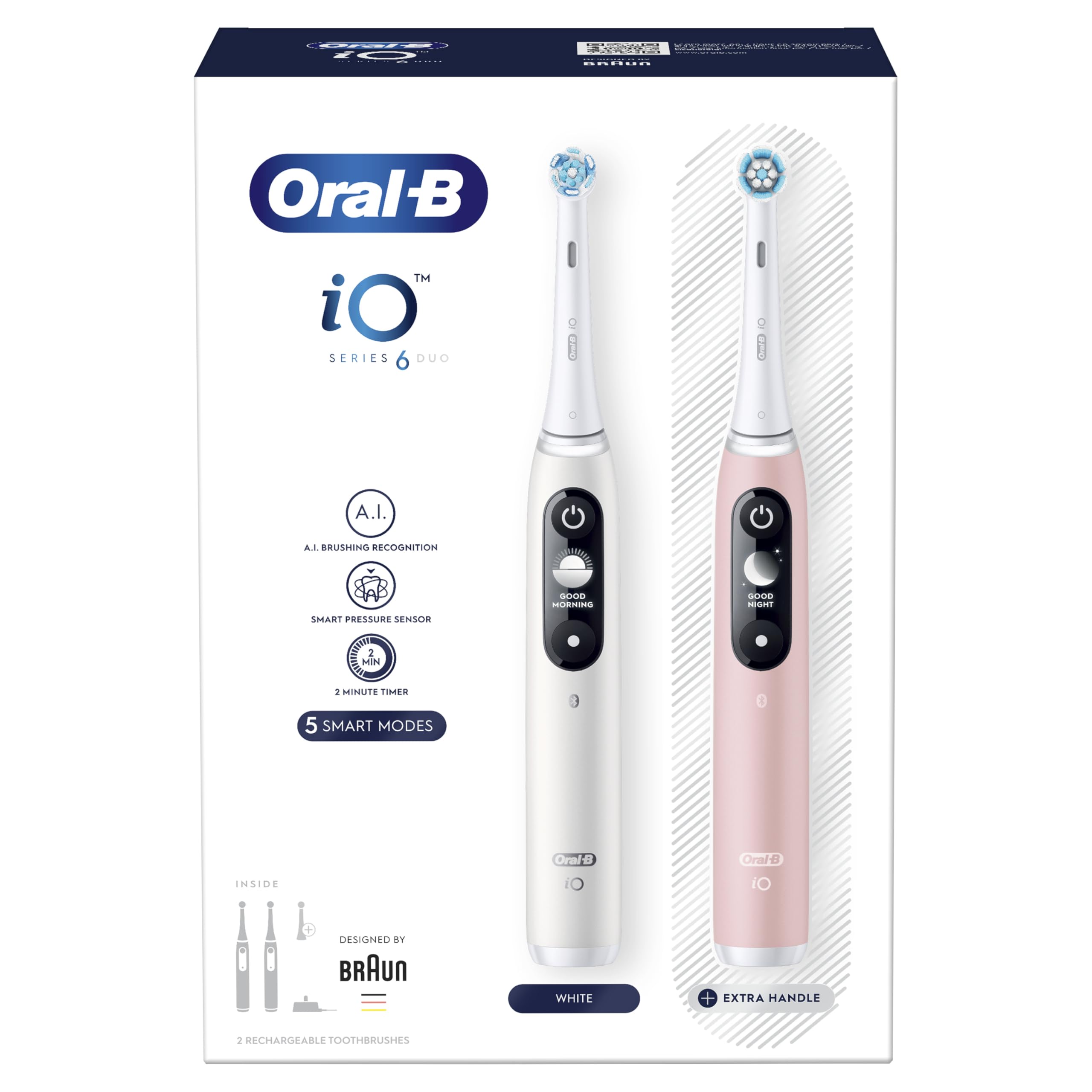 Oral-B iO 6 Cepillos de Dientes Eléctricos, 3 Cabezales, Blanco y Rosa, Pack de 2 - Cepillo Dental con 5 Modos de Cepillado Y Sensor De Presión, Regalos Originales para Mujer y Hombre
