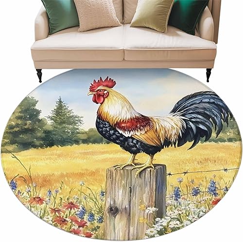 Miniatura 2 de 5ft Round Rug, Retro Rooster Non-Skid Rubber Backing Large Area Rugs - Living Room Bedroom Home Office, Spring Flowers Watercolor Animals Indoor