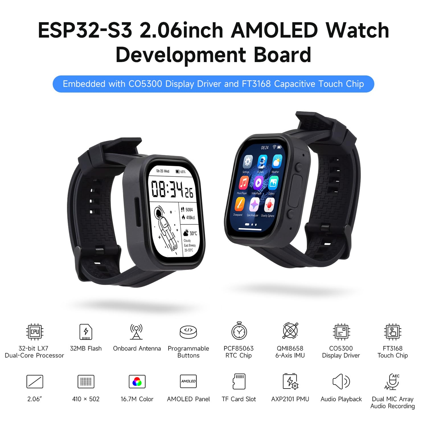 Waveshare ESP32-S3 2.06inch AMOLED Touch Watch Development Board, 32-Bit LX7 2-Core Processor, 410x502 Pixel, QSPI Interface, Onboard 2 Digital Microphones Array, ESP32 with Display(Without Batt)