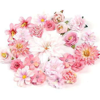 LARDUX 24 pieces artificial flowers for craftingartificial flowers heads pinkartificial flower heads small flowers silk flowers heads mix for DIY crafts scrapbooking wedding party home crafts decoration pink