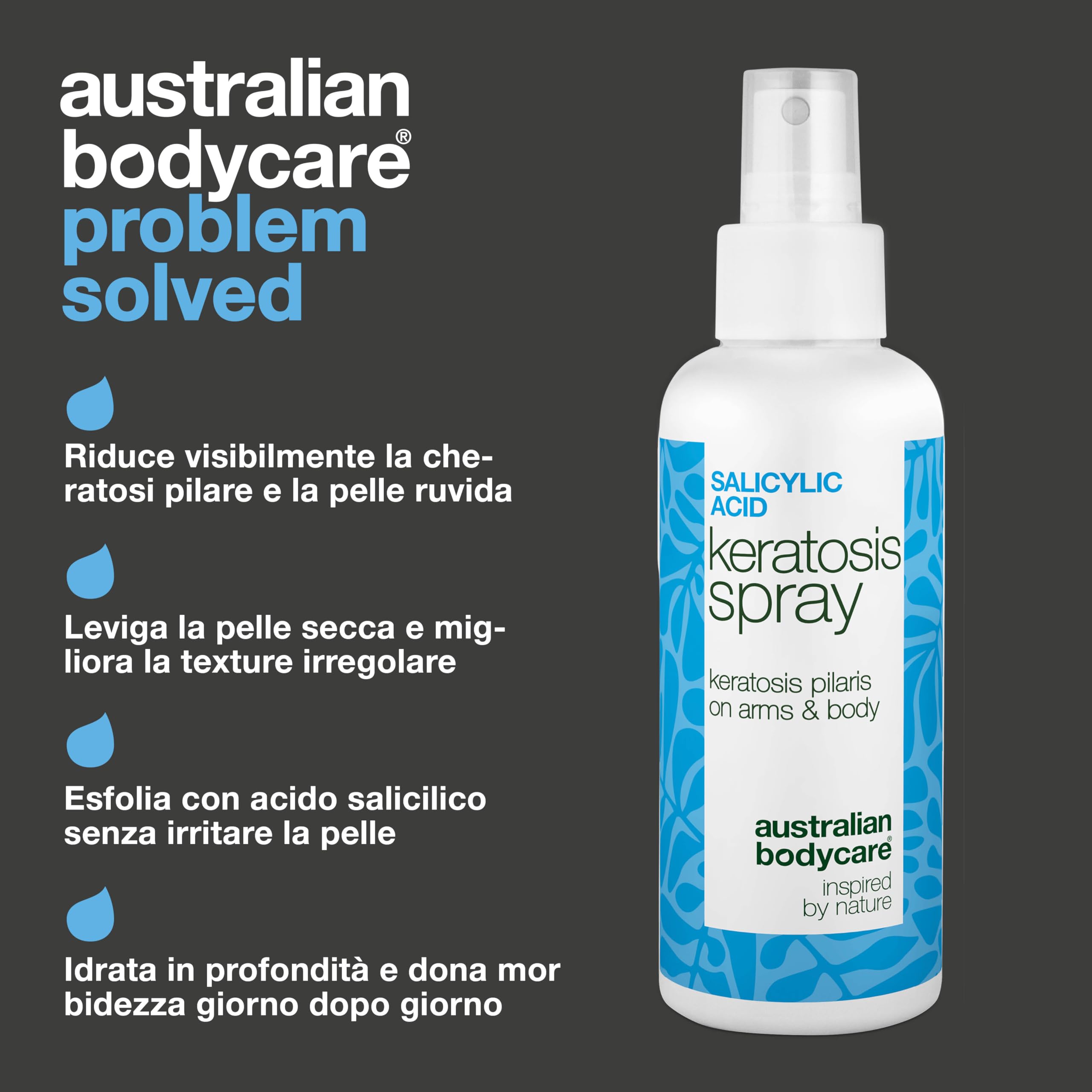 Spray per Keratosis Pilaris – contro pelle di pollo, ruvida e con brufoletti – con acido salicilico, acido glicolico, glicerina e pantenolo