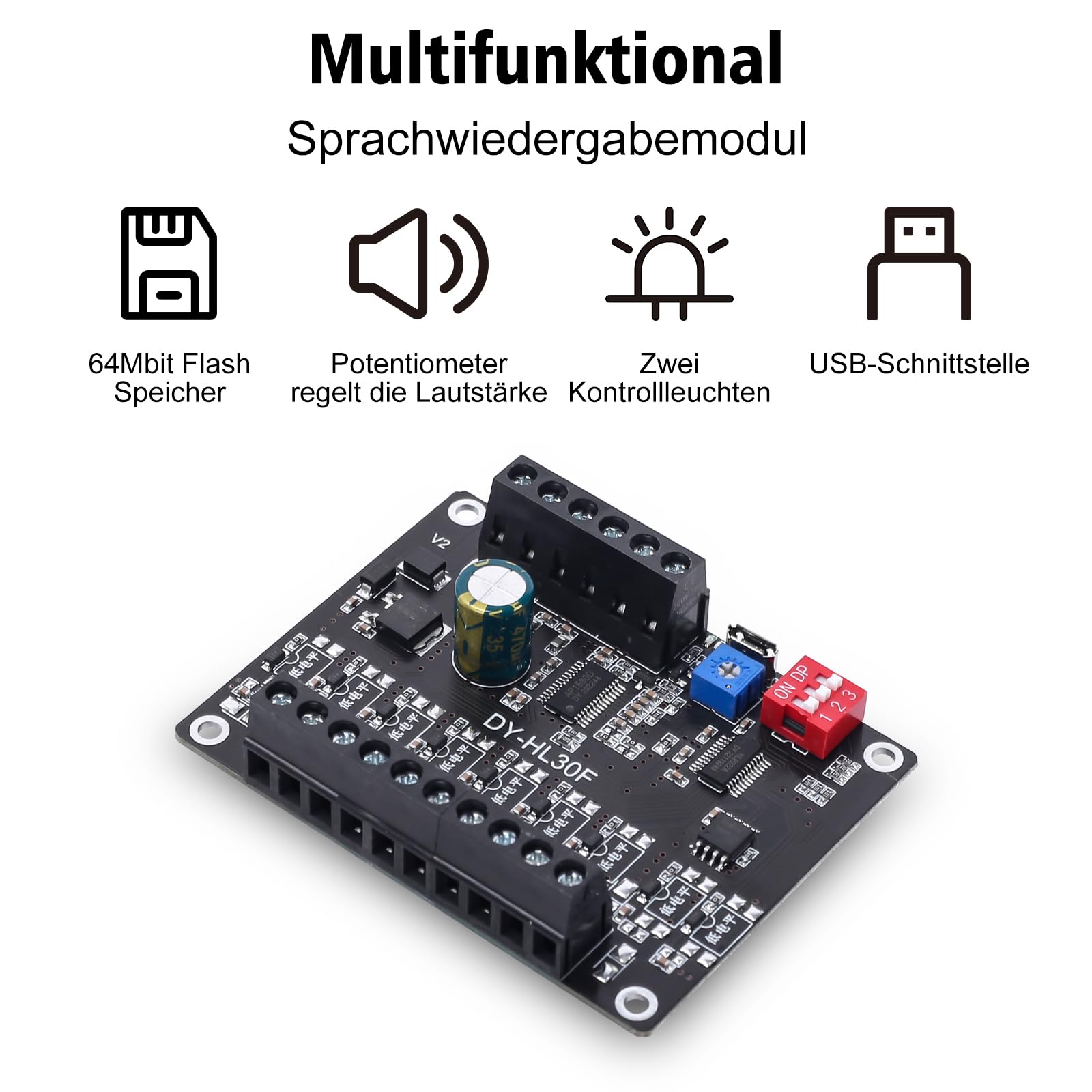DONGKER Modulo Riproduzione Vocale con Memoria Flash 64 Mbit 9 Interfacce Trigger Lettore MP3 Interfaccia USB