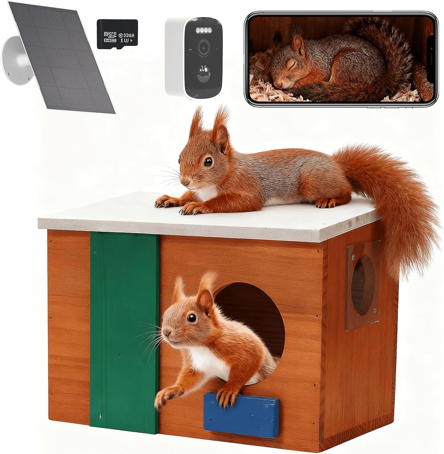 Squirrel House with with Camera Solar Powered- Squirrel Houses for Outside Nesting, Squirrel Nesting Box, Squirrel Boxes for Outside, for Garden for 2.4g WiFi Coverage Area