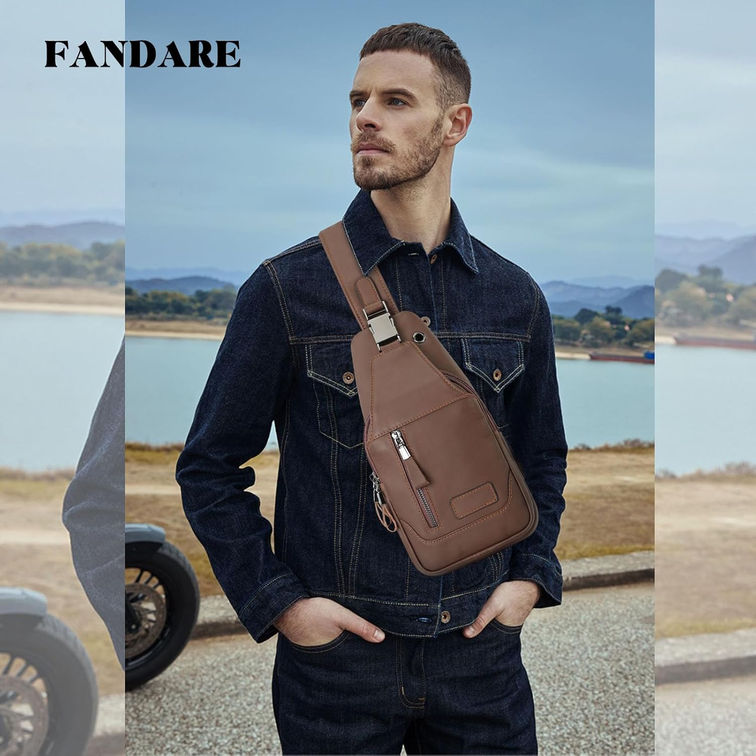 FANDARE Retro Sling Bag Crossbody Shoulder Bag Genuine Leather Small Cover Pack for Men Personal Flex Bag Chest Pack Everyday Carry Bag for Tactical Travel Work Outdoor Hiking Camping Chest Bag Brown