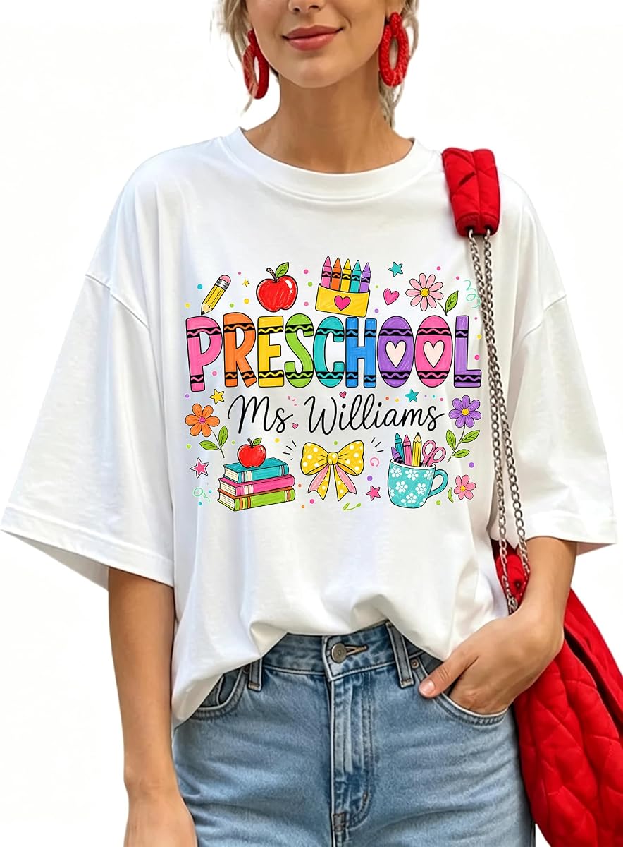 Camisetas personalizadas para maestros de regreso a la escuela Camiseta de maestra de preescolar para mujeres Camiseta de algodón
