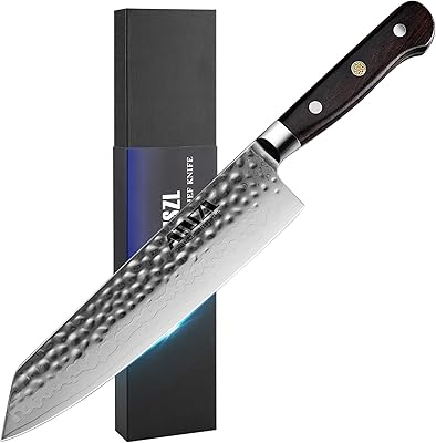 AMSZL Chef Knife - 8" - 9 Layers Damascus - Japanese VG10 Super Steel Hammered Kitchen Knife - Ebony Handle - Gift Box