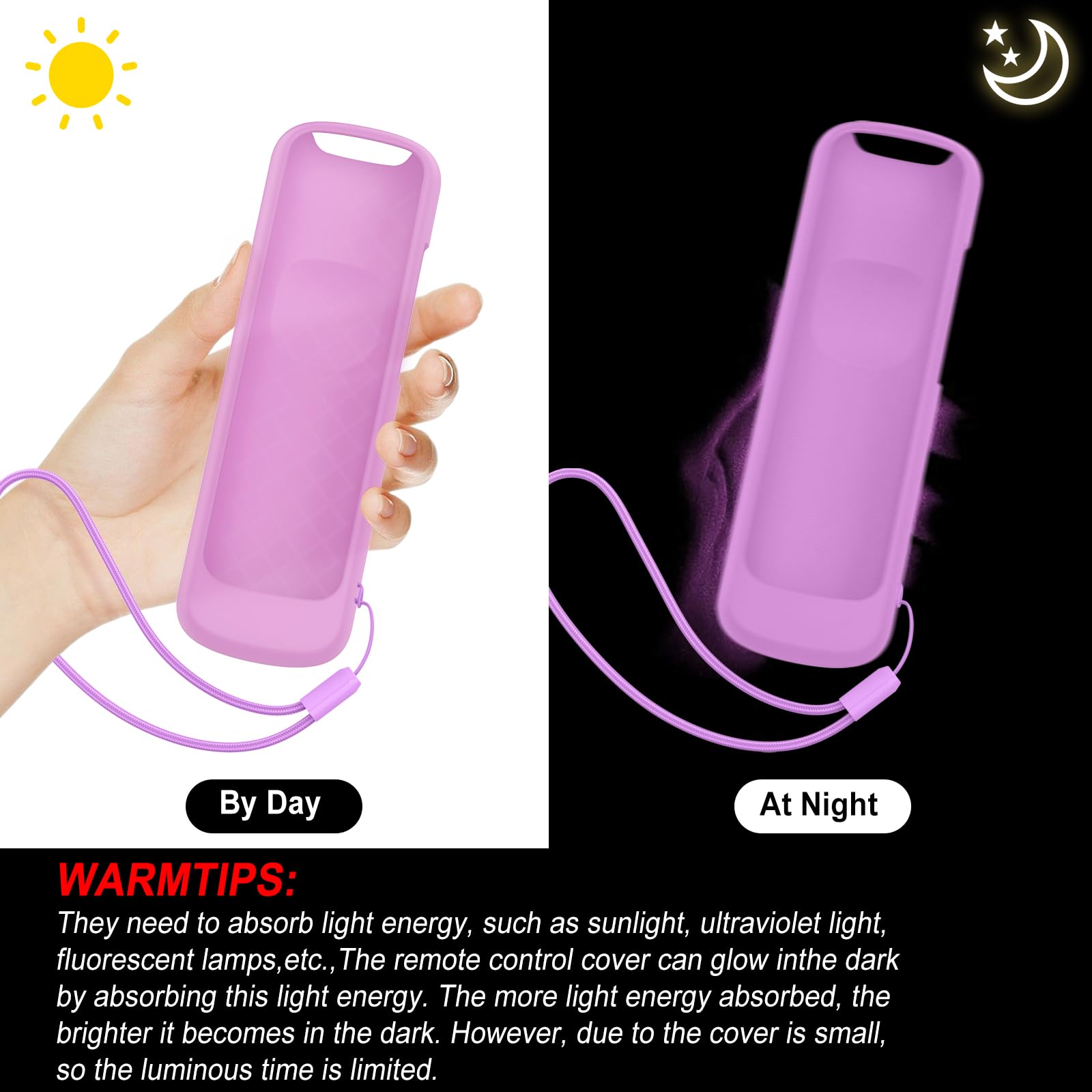 2 Pack Remote Cover for Hisense TCL Roku TV, Universal Silicone Replacement Remote Case Compatible with Roku Voice Remote, Glow in The Dark (Pink+Purple) - 4