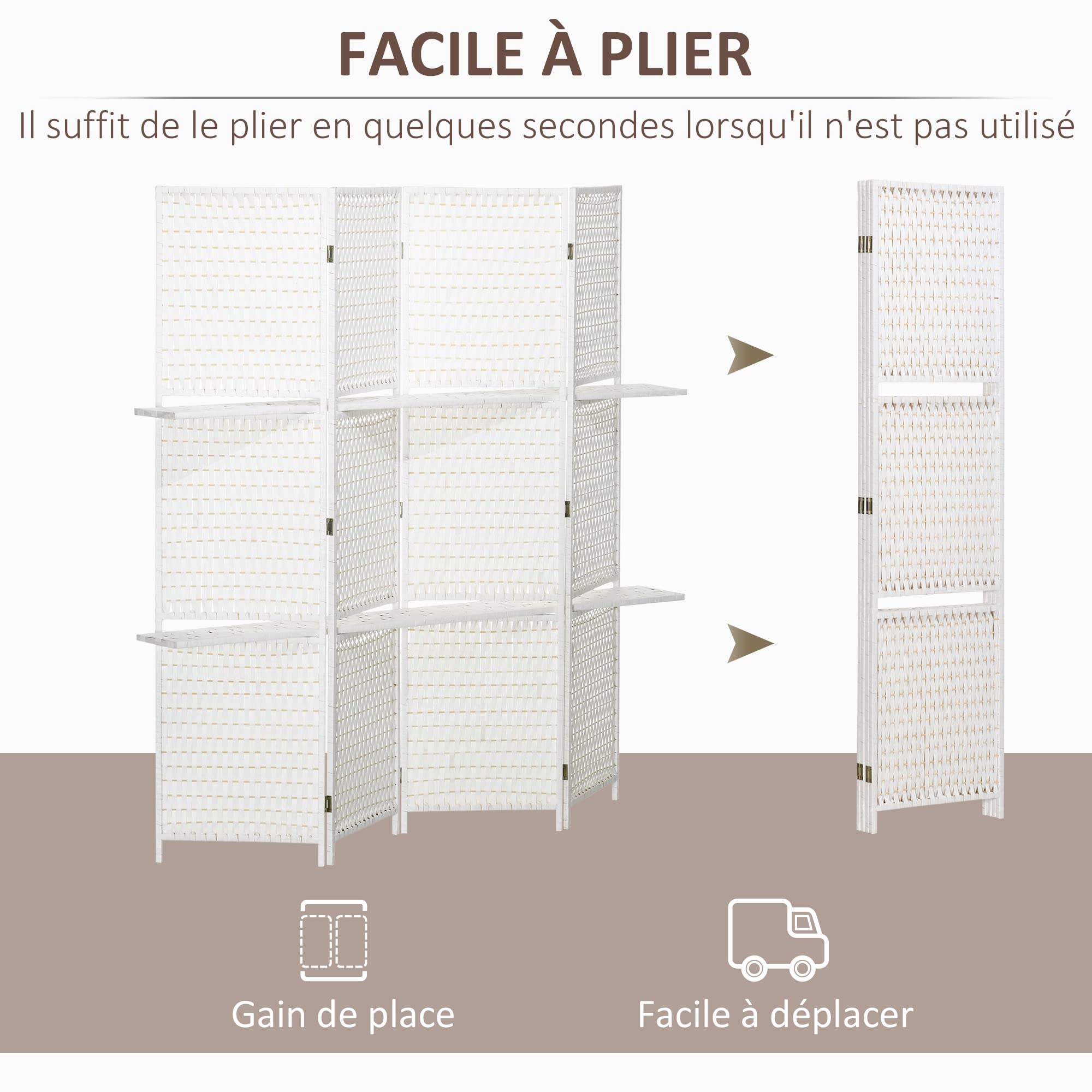 HOMCOM Windscherm voor binnen, 4 panelen, 181 x 180 cm, 2 planken, opvouwbaar, ruimteverdeler, grenenhout, bamboe, gevlochten papiervezels, wit stro