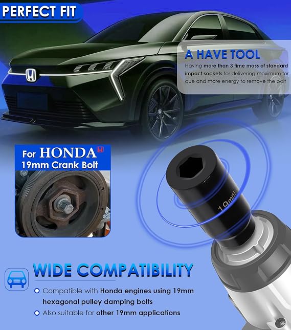 77080 Harmonic Balancer Socket Tool for Honda 19mm Crank Bolt Socket, 3 Times Momentum Power of Standard Impact Socket with Deep Counter-Weighted Design for Stronger Torque
