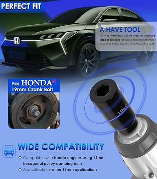 77080 Harmonic Balancer Socket Tool for Honda 19mm Crank Bolt Socket, 3 Times Momentum Power of Standard Impact Socket with Deep Counter-Weighted Design for Stronger Torque