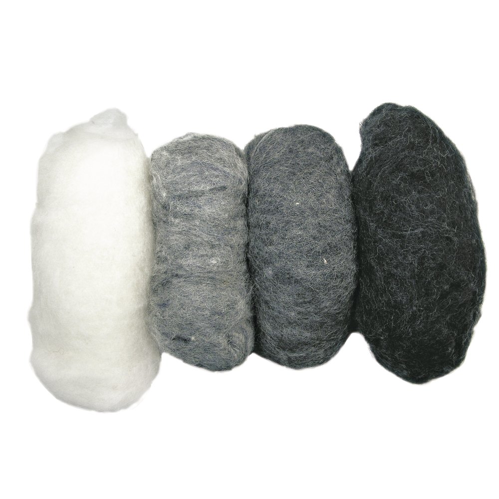 Rayher 100% Wool Carded Felting Wool Batts, Set of 4 in Different Grey Shades, 4x25g, 5363200