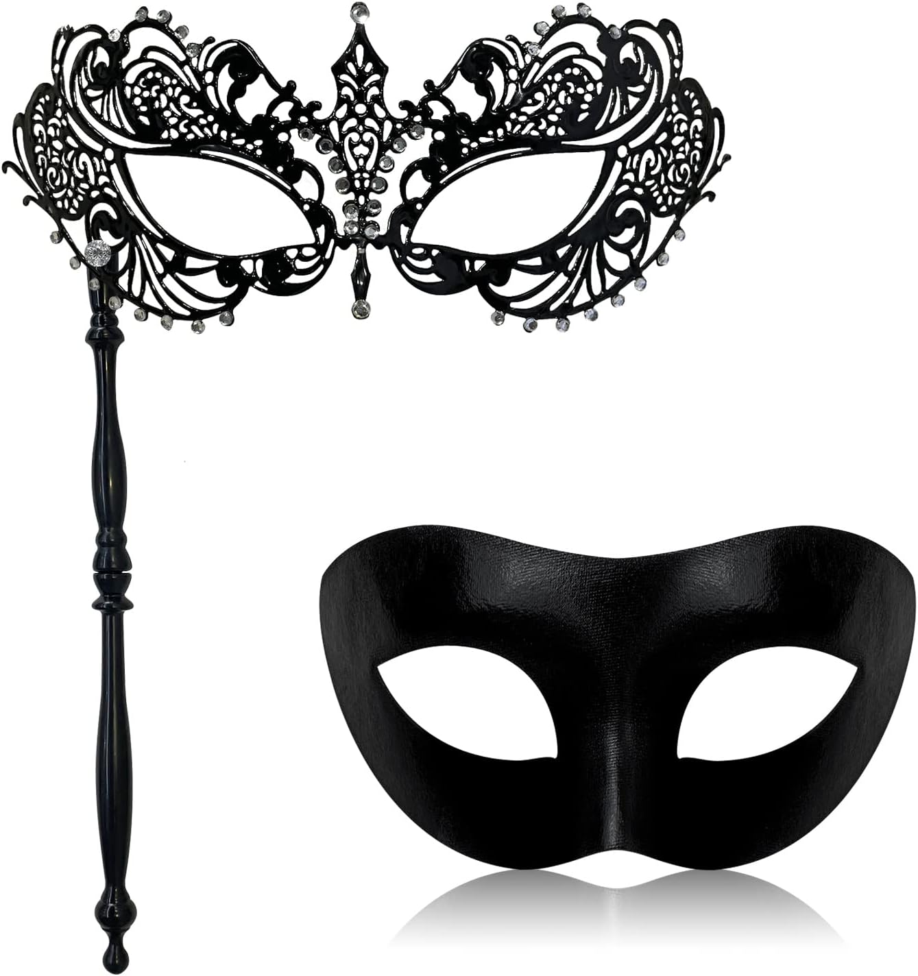 Couple Masquerade Mask with Holding Stick Venetian Metal Masks Halloween Mardi Gras Costume Mask for Women & Men
