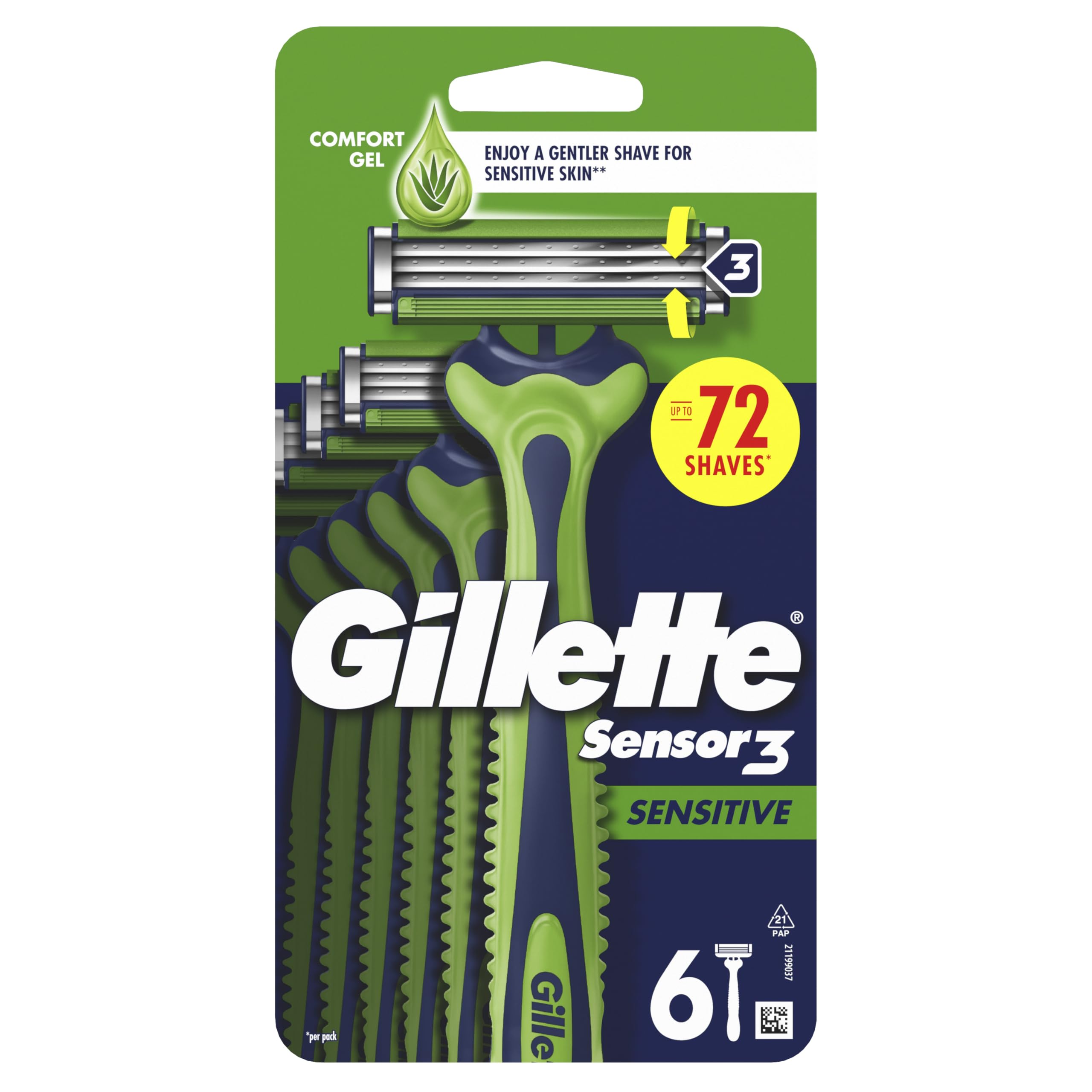 Gillette Sensor3 Sensitive, Disposable Shaving Razors for Men, Men’s Razors with Lubrastrip and a Touch of Aloe Vera, -6 Pack