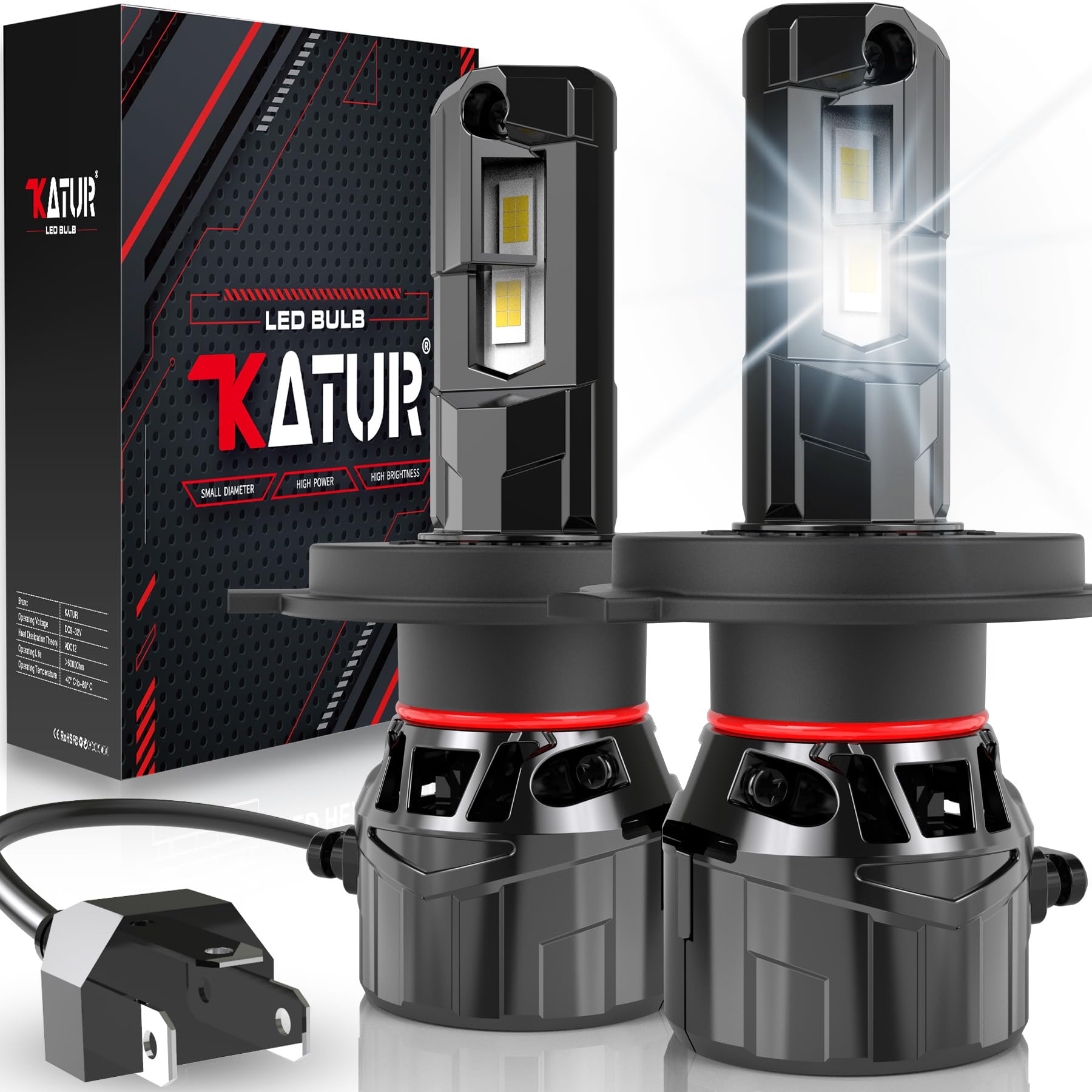 KATUR Lampadine LED H4 per fari, 120 W, 30000 lm, 700% luminosità, 6000 K Xenon bianco, 9003 HB2 Hi/Lo Beam, mini sistema di raffreddamento, confezione da 2