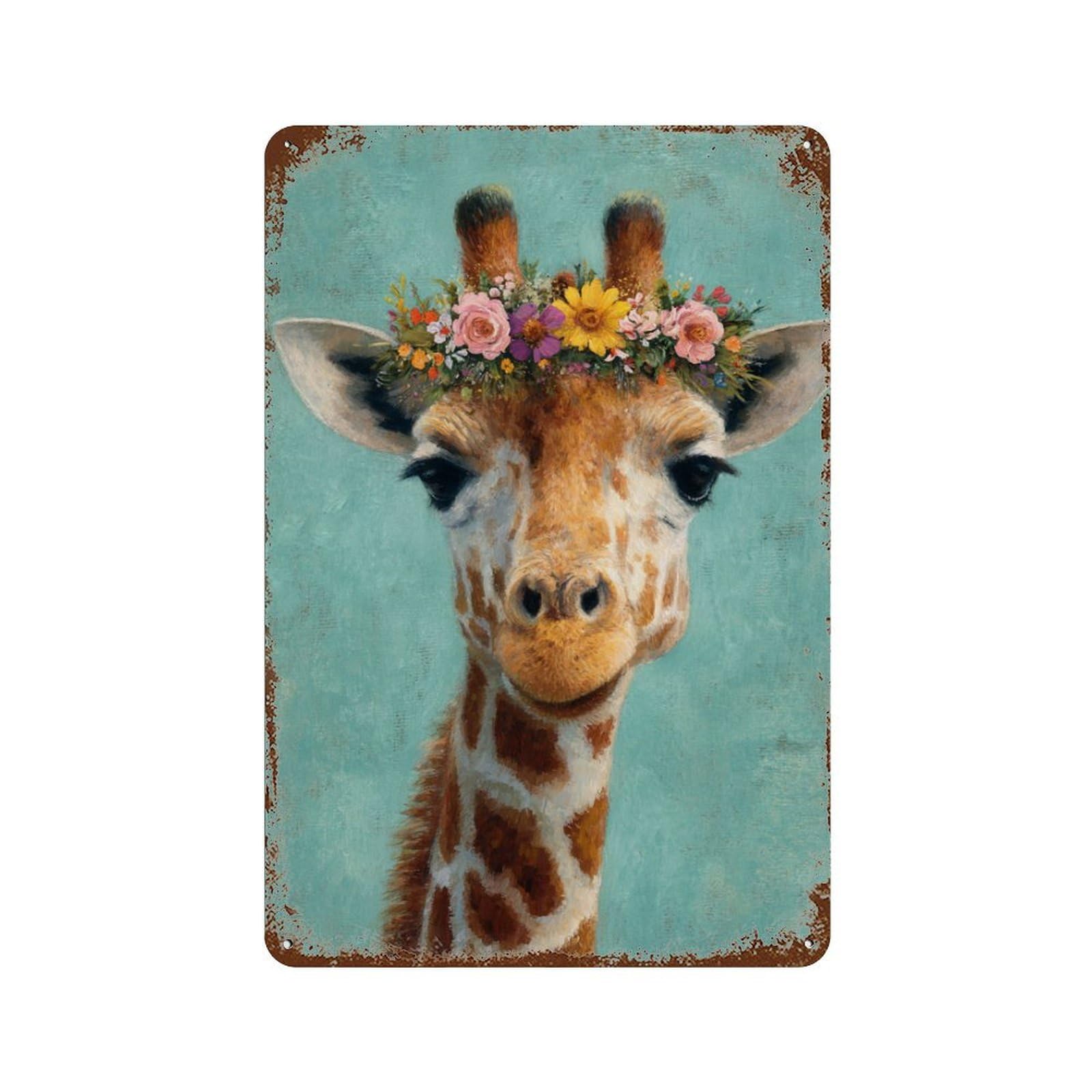 Giraffe with Flower Crown Art Print-2 Vintage Rust Metal Sign 11.8"x7.9", Shabby Chic Decor for Living Room, Hallway And Home Decor