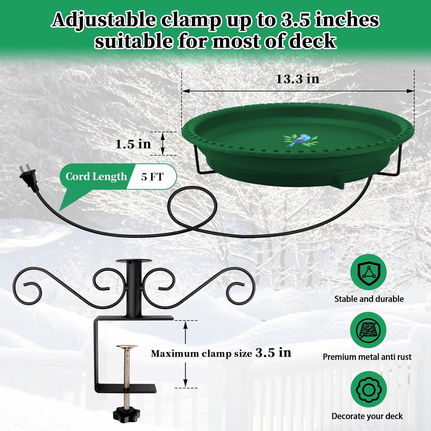 Lovppy Heated Bird Bath for Deck Railing, 100W Thermostatically Controlled Heated Bird Baths for Outdoors Bird Bath Heater, Heated Birdbath for Outside Winter Garden Patio Yard(Green)