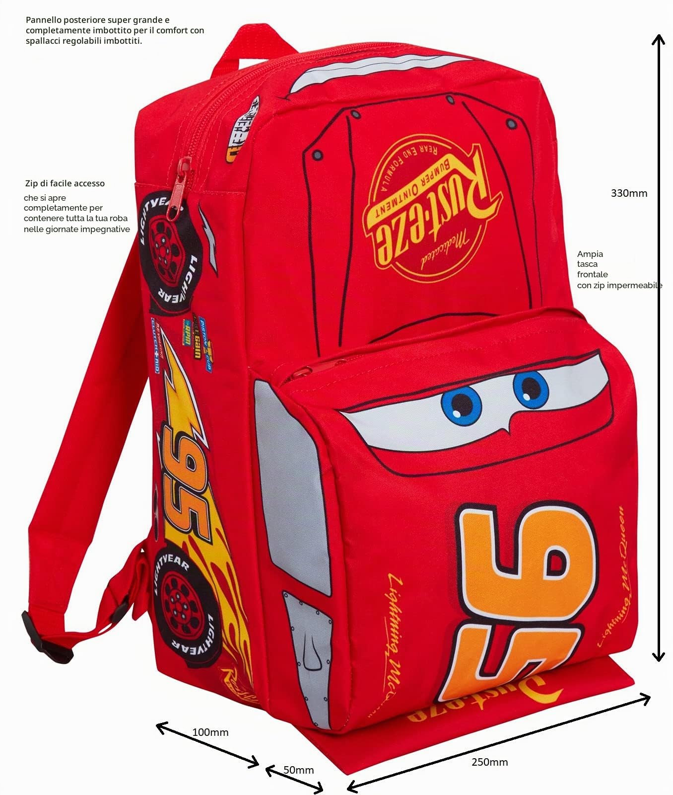 Zaino Disney Cars 3D Bambini Lightning McQueen Scuola Asilo Borsa per il pranzo Zaino Rosso 95