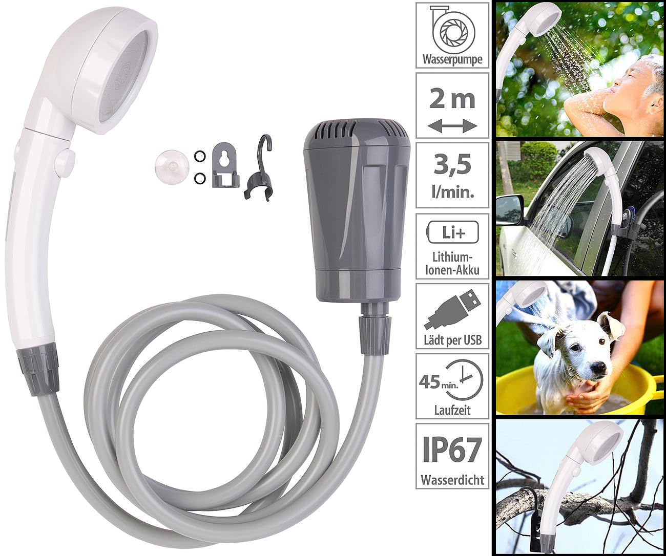 Semptec Urban Survival Technology Campingdusche mit Pumpe: Akku-Camping-Dusche mit Tauchpumpe & Multi-Brause, 2-m-Schlauch, USB-C (Campingdusche Akku, USB, Dusche mit Pumpe, Hund)