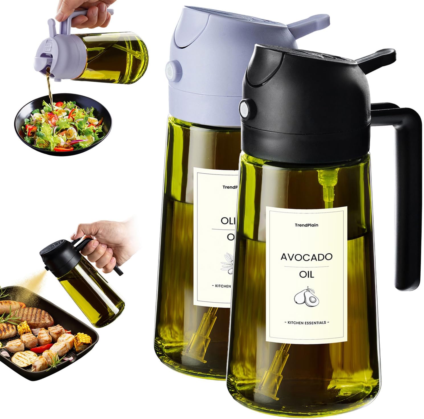 TrendPlain 16oz Olive Oil Dispenser & Sprayer - 2 in 1 Glass Bottle with Light-Blocking Design, Water-Resistant Stickers, Innovative Spray Nozzle - Black&Lilac (2 Pcs)