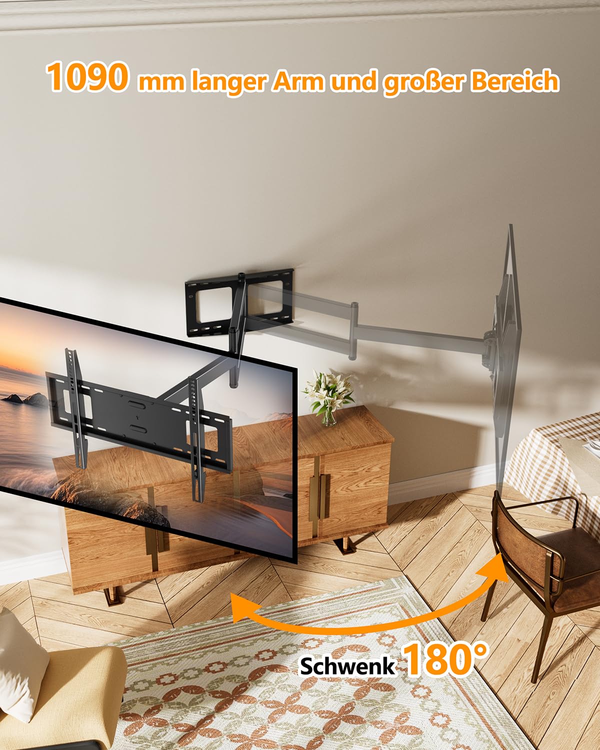 FORGING MOUNT TV Wandhalterung mit 1090 mm Extra langem Arm für 37–80 Zoll Fernseher, Fernseher Halterung Schwenkbar, Neigbar, Voll bewegliche TV Halterung, Max VESA 600x400mm, bis zu 50kg