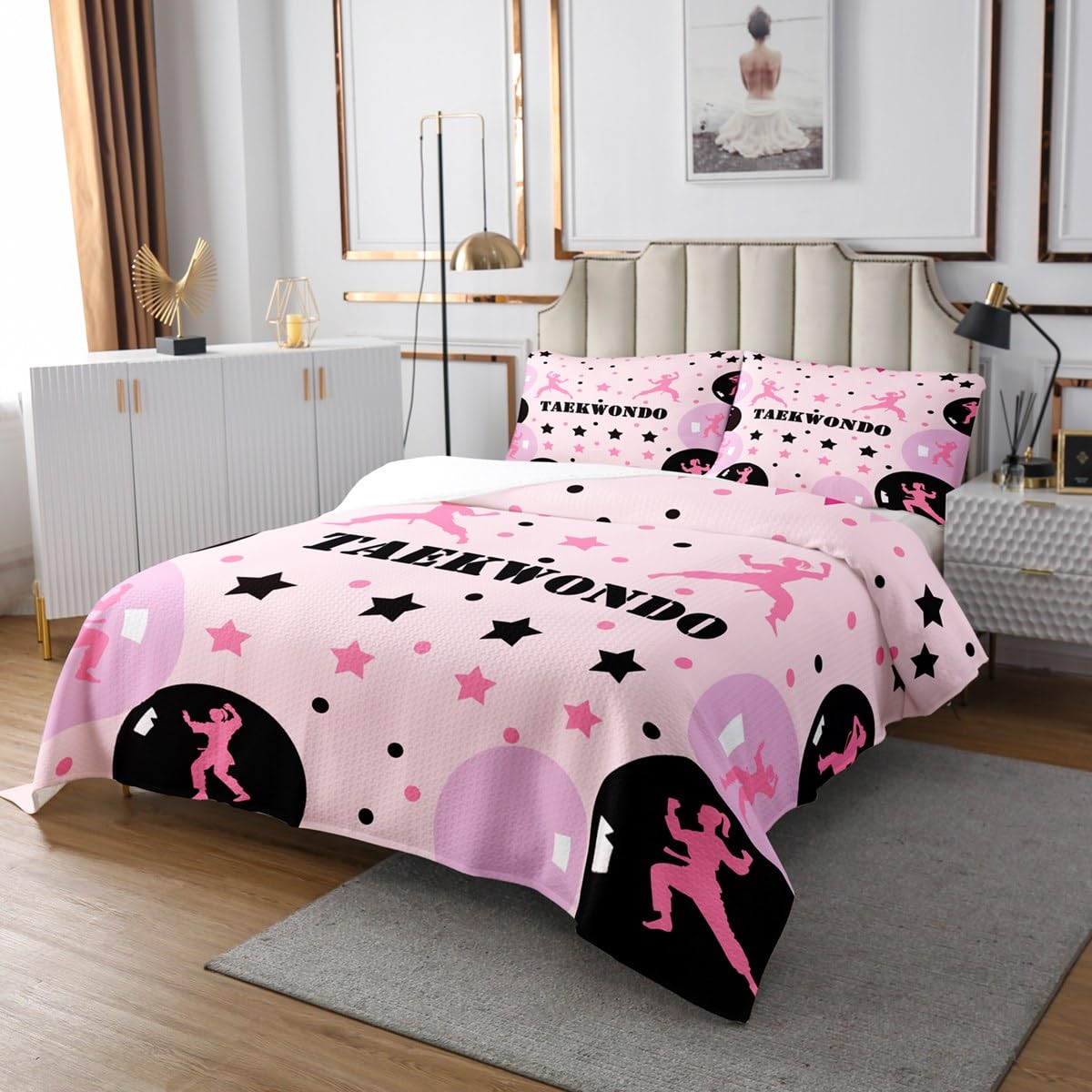 Taekwondo Kids Bedspread Queen Size,Stars Geometric Dots Abstract Kung Fu Coverlet Set,Girls Boys Room Decor,Martial Art Sport Game Modern Quilted Coverlet,Pink Girly Bedding Quilt,2 Pillowcases