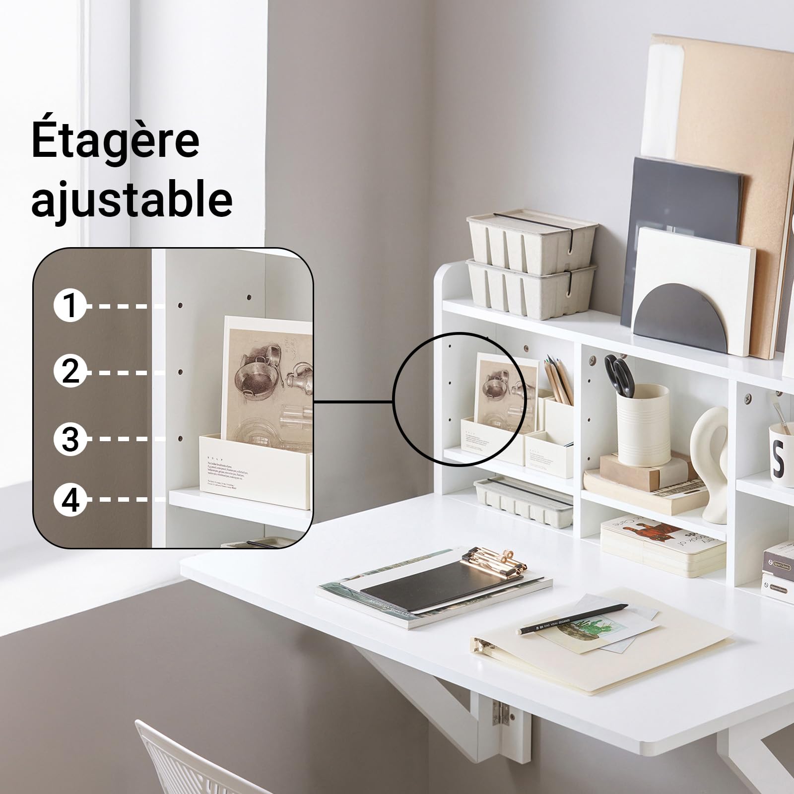 SoBuy Table Pliante Murale avec étagère, Table de Cuisine et Petite Table à Manger pour Petite Cuisine, Salle à Manger ou Studio, Table Gain de Place Blanche 90x60 cm, env. 90x78x60 cm FWT07-II-W