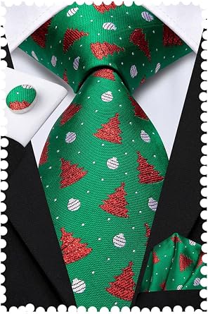 Hi-Tie Christmas Ties for Men Xmas Silk Necktie Pocket Square Cufflinks Set Festival Party Prom