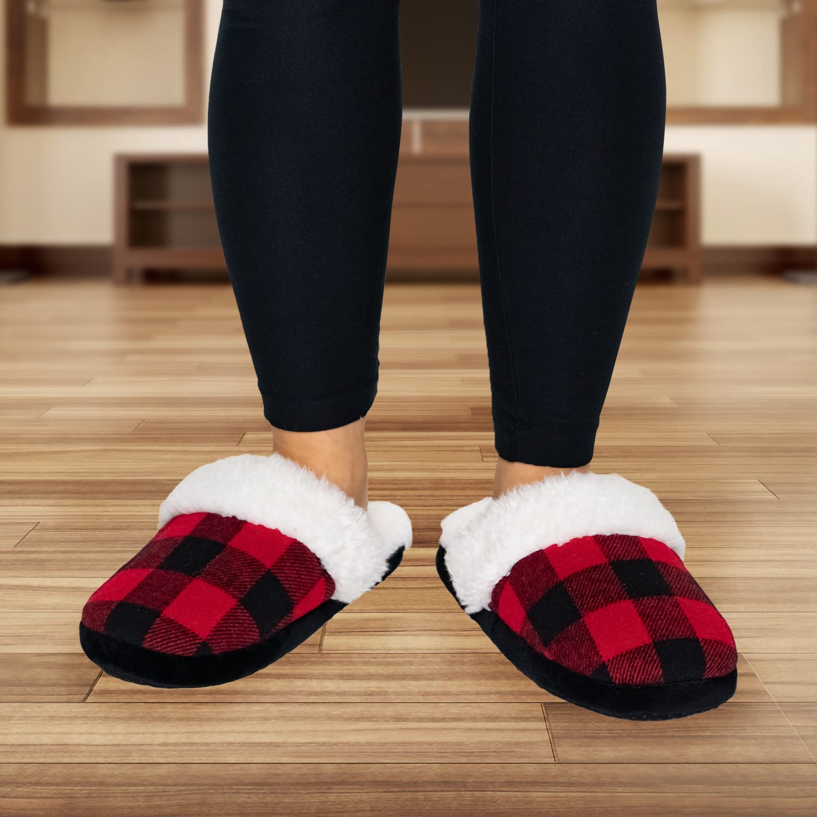 Fuzzy Buffalo Plaid Slippers for Women & Men, Sherpa House Shoes for Indoor & Outdoor, Fluffy Slides, Slide On Cute Novelty (SIZE LARGE)