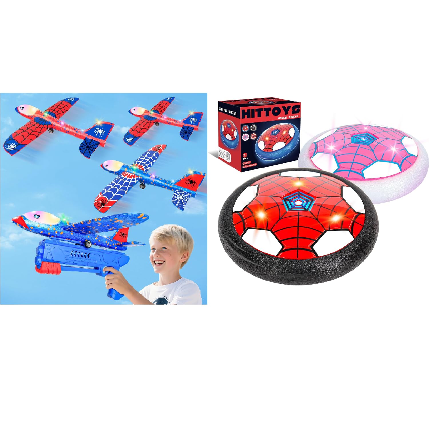 Airplane Launcher Toy for Kids&Hover Soccer Ball Toy for Kids, 3 Pack Spider Foam Gliders Air Planes,2 Pack Indoor Soccer Ball with Led Light for Old Boys Girls Outside Sport Games Birthday