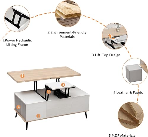 Miniatura 34 de Mesa de centro moderna con 2 cajones de almacenamiento y estantes de exhibición, mesa de cóctel rectangular con luces LED de 16 colores, ideal para