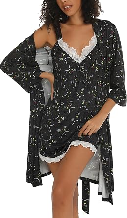 ENJOYNIGHT Womens Robe Set Sexy V-Neck Camisole Lingerie Nightgown | 2-Piece Pajama Set, Wide Straps, Lace Cami, Side Pockets, Adjustable Sash Tie For Easy On/Off