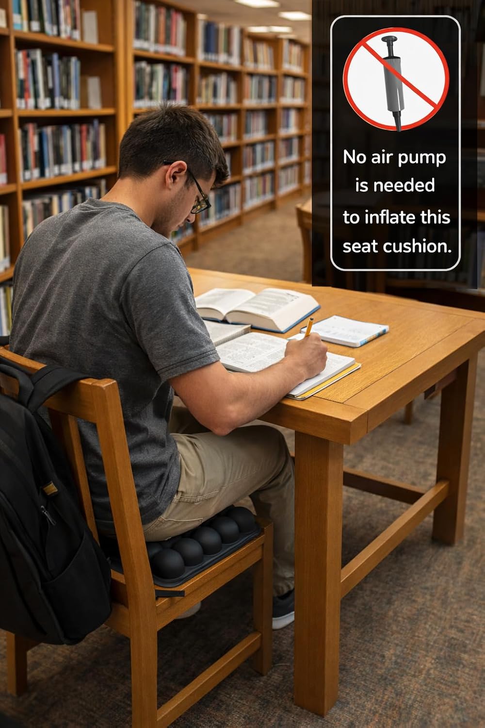 Inflatable Seat Cushion for Long Sitting – No Pump Required, Adjustable Air Pressure Relief Cushion for Office Chair, Airplane Travel, Car & Wheelchair, Portable Foldable Travel Seat Cushion