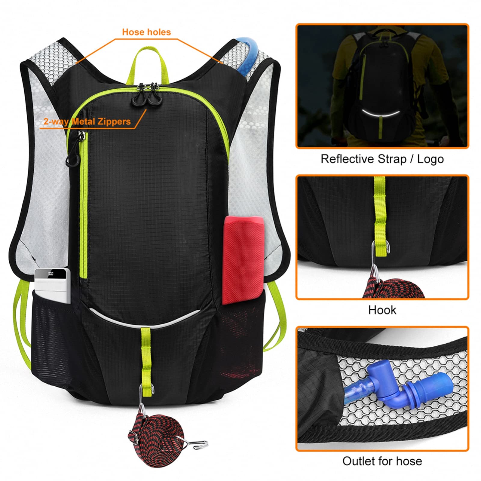 Zaino idratazione da Escursionismo in Bicicletta con Sacca d'Acqua da 2 Litri, Ultraleggero Impermeabile per Sport all'Aria Aperta Zainetto da Campeggio Jogging Camminata