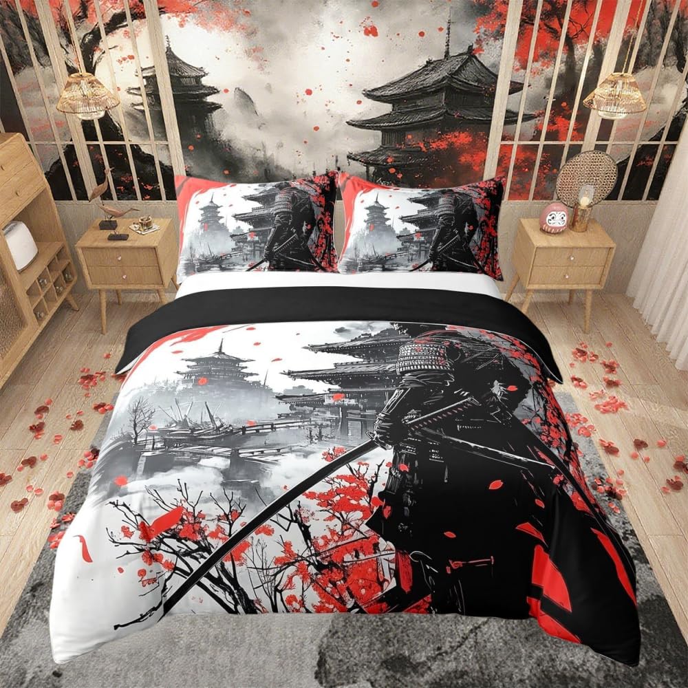 Loussiesd Japanese Bedding Set Double Samurai Comforter Cover Set for Boys Girls Teens Sunset 100% Cotton Duvet Cover Traditional Retro Theme Bedspread Cover White Red Quilt Cover No Comforter