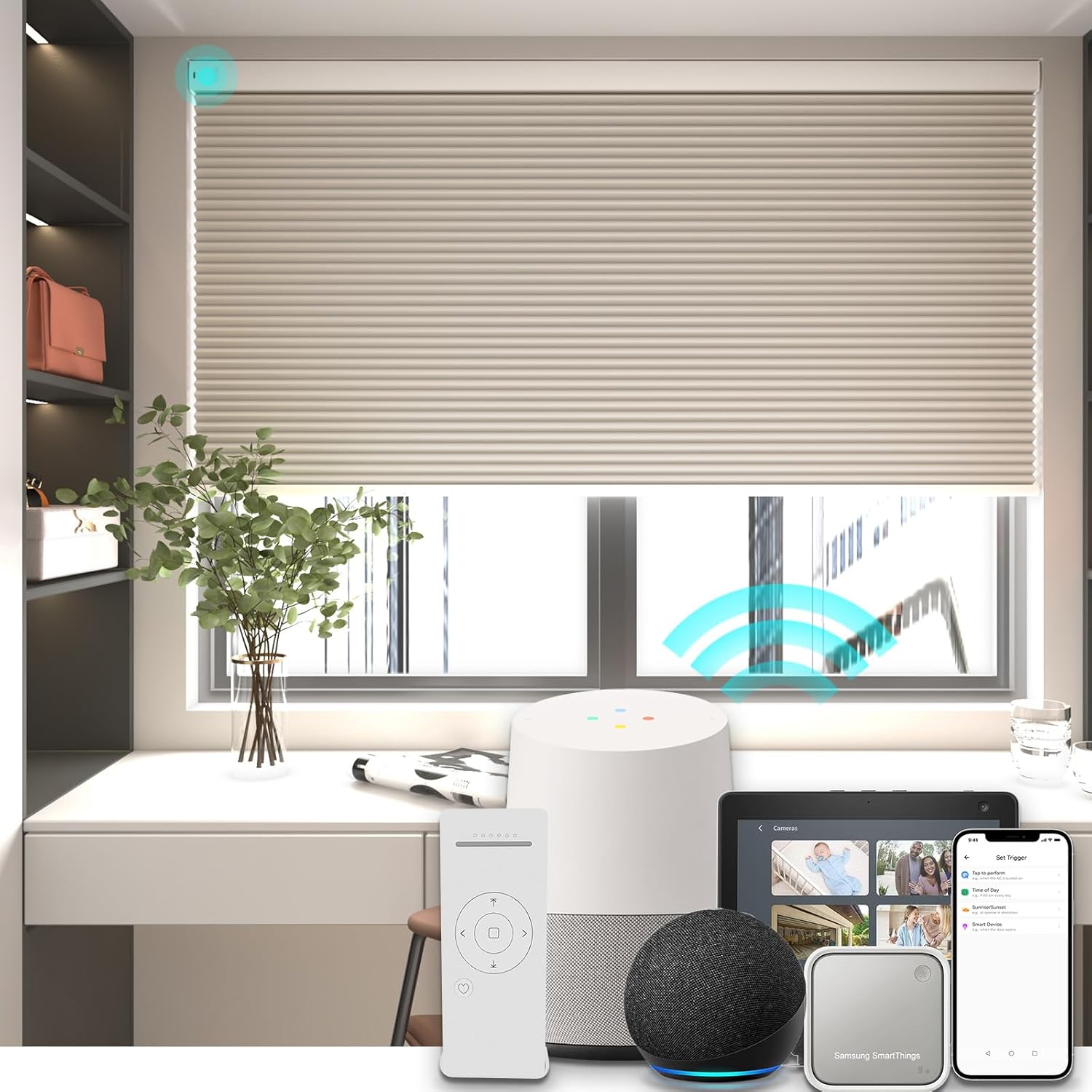 Changshade Motorized Cellular Shades Blackout Cordless Blinds for Windows, Room Darkening Honeycomb Blind, Securer Than No Drill and Easy to Install, Beige