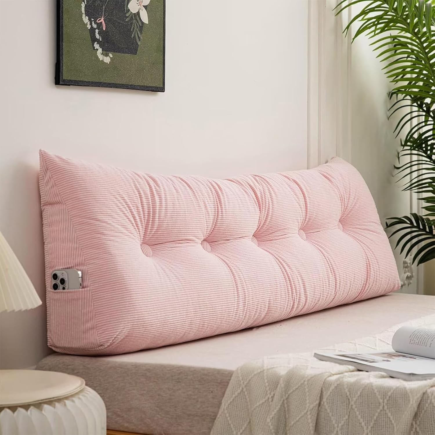 Triangular Wedge Headboard Pillow, 4.8In Thickened Positioning Support Reading Backrest Ergonomic Full Size Wedge Pillow Headboard for Dorm Bed Pillows Cushion Bed Bolster (Pink,24×15.8In)